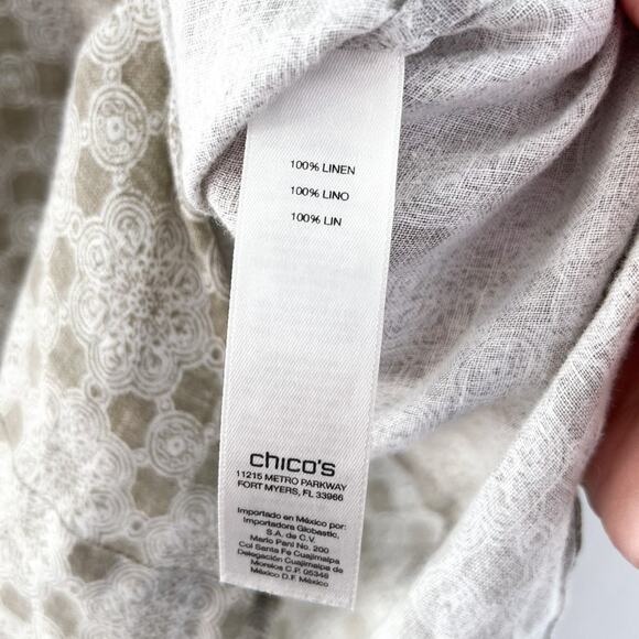 Chico's 100% Linen Button Down Blouse sz Medium Lagenlook Medallion 3/4 Sleeve - Picture 6 of 6